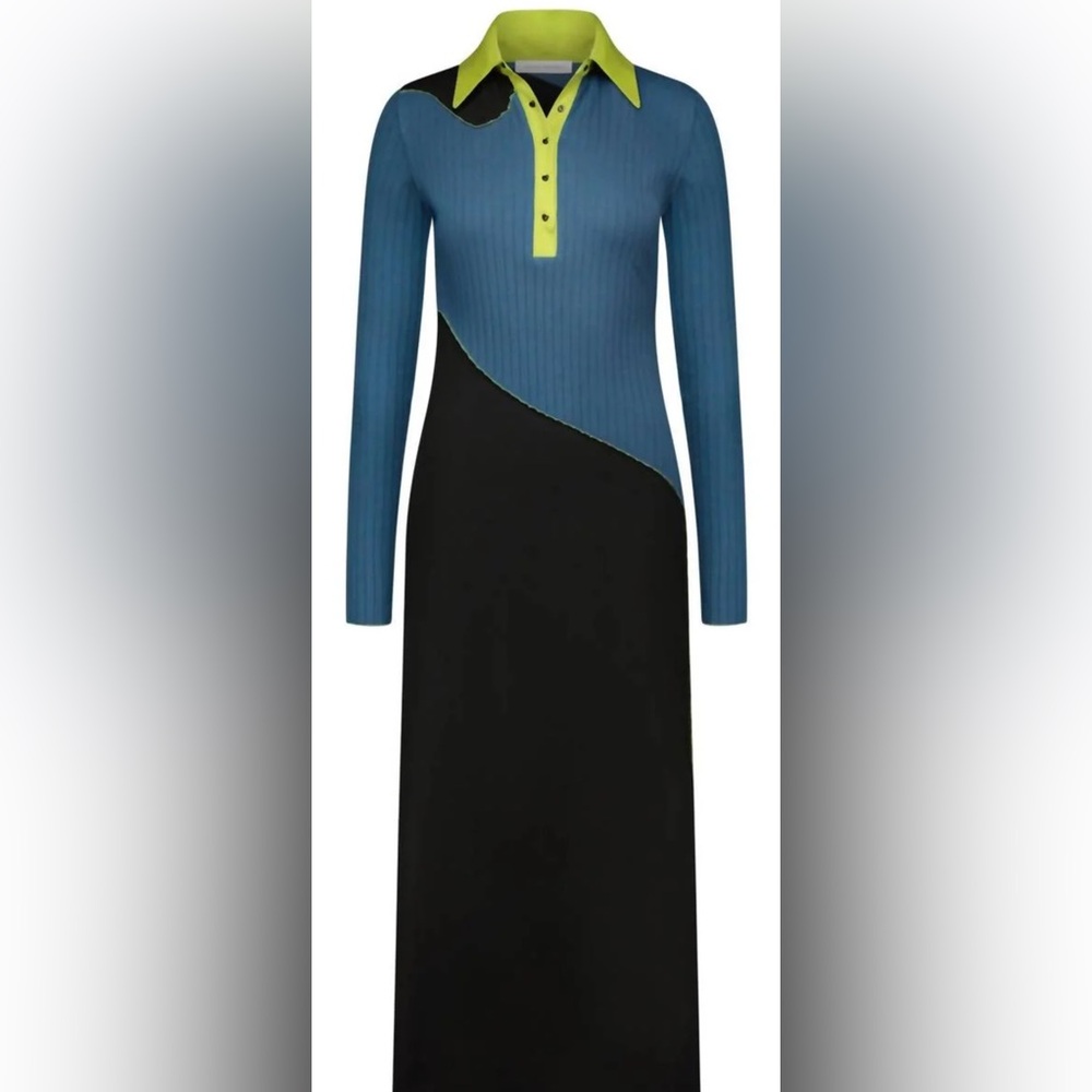 NWT Marina Moscone Collared Maxi Polo Dress In Black Green and Blue